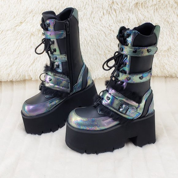 Ash Goth Punk Furry Mid Calf Platform Boots - Picture 2 of 15